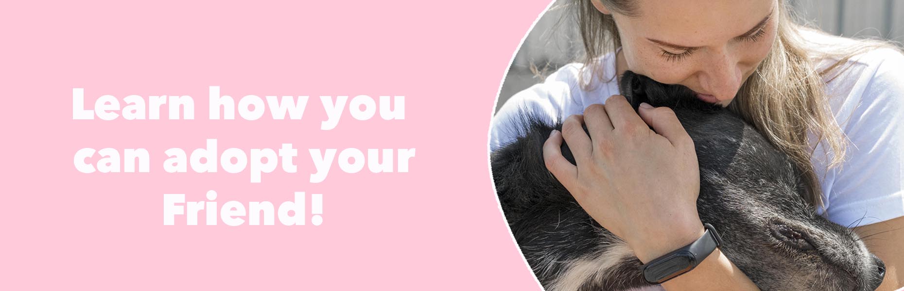 Banner with a photo of a woman hugging a dog with the following phrase written: 'Saiba como você pode adotar seu AUmigo!'